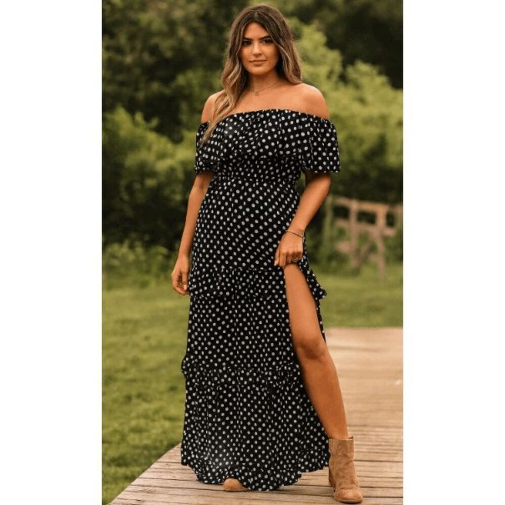 Women's Strapless Black Polka Dot Ruffle Maxi Dress with Slit XS